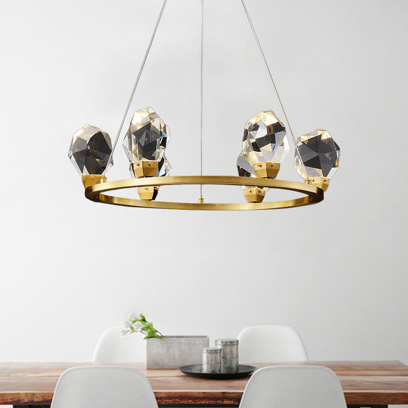 Modern Crystal Pendant Light With Faceted Halo Ring Design - 6/8 Lights Brass Finish Ceiling