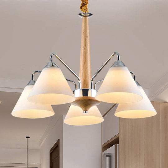Modern Chrome & Wood Conical Chandelier - 3/5 Lights Frosted Glass Ceiling Lamp 5 /