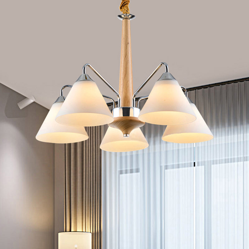 Modern Chrome and Wood Conical Chandelier with Frosted Glass - 3/5 Lights