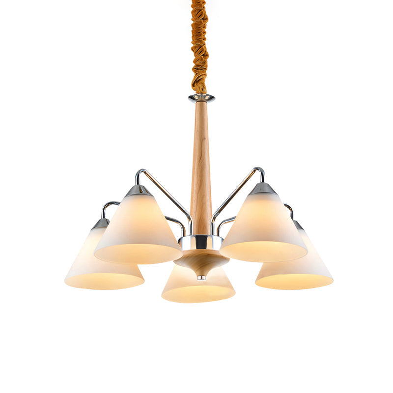 Modern Chrome & Wood Conical Chandelier - 3/5 Lights Frosted Glass Ceiling Lamp