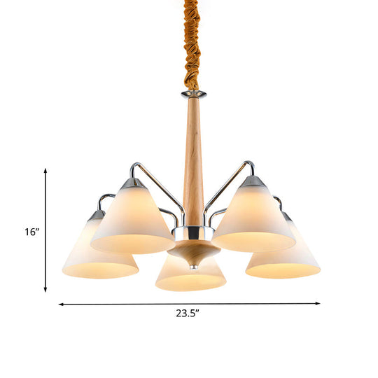 Modern Chrome & Wood Conical Chandelier - 3/5 Lights Frosted Glass Ceiling Lamp