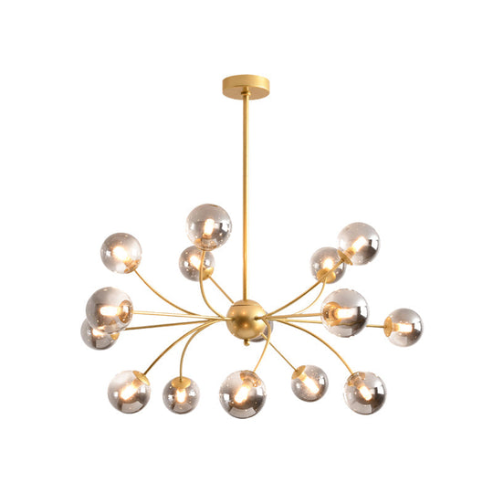 Sleek Spherical Chandelier: Postmodern Smoke Gray/Cognac Glass 15 Bulbs Gold Ceiling Fixture