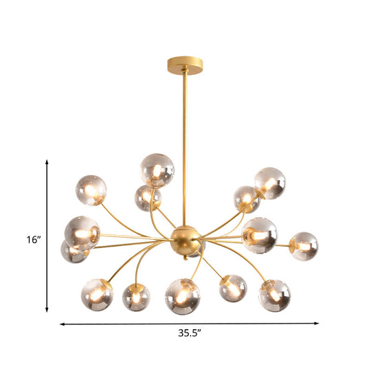 Sleek Spherical Chandelier: Postmodern Smoke Gray/Cognac Glass 15 Bulbs Gold Ceiling Fixture