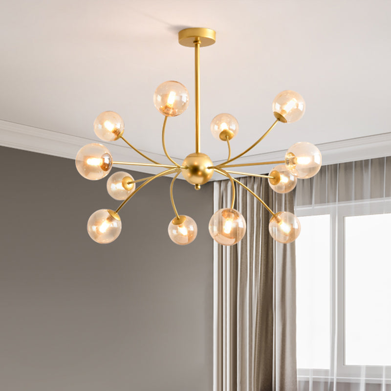 Sleek Spherical Chandelier: Postmodern Smoke Gray/Cognac Glass 15 Bulbs Gold Ceiling Fixture Cognac