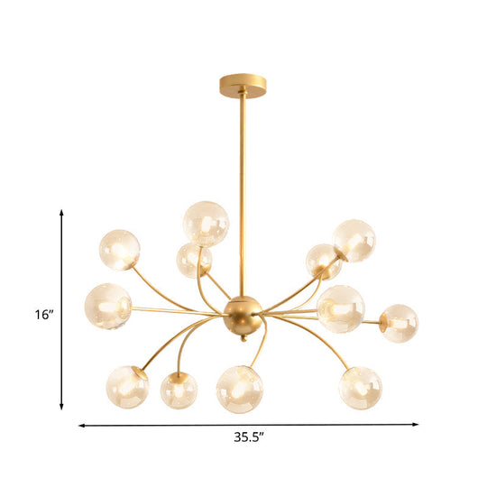 Sleek Spherical Chandelier: Postmodern Smoke Gray/Cognac Glass 15 Bulbs Gold Ceiling Fixture