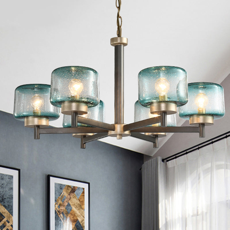 Modern Grey Dining Room Chandelier With Blue Seeded Glass Shade - Choose 3 Or 6 Lights & Radial