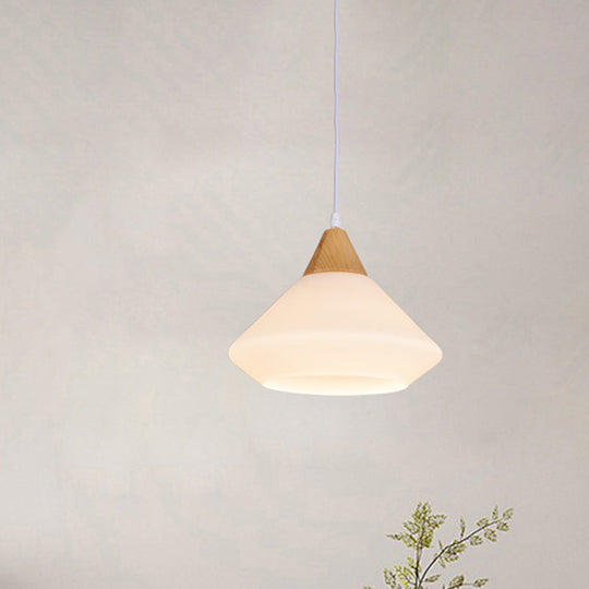 Diamond White Glass Pendant Light – Modernist Wood Dining Room Ceiling Lighting with 1 Light