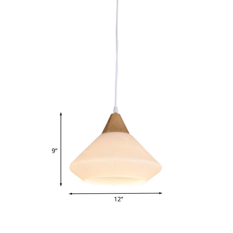 Diamond White Glass Pendant Light – Modernist Wood Dining Room Ceiling Lighting with 1 Light