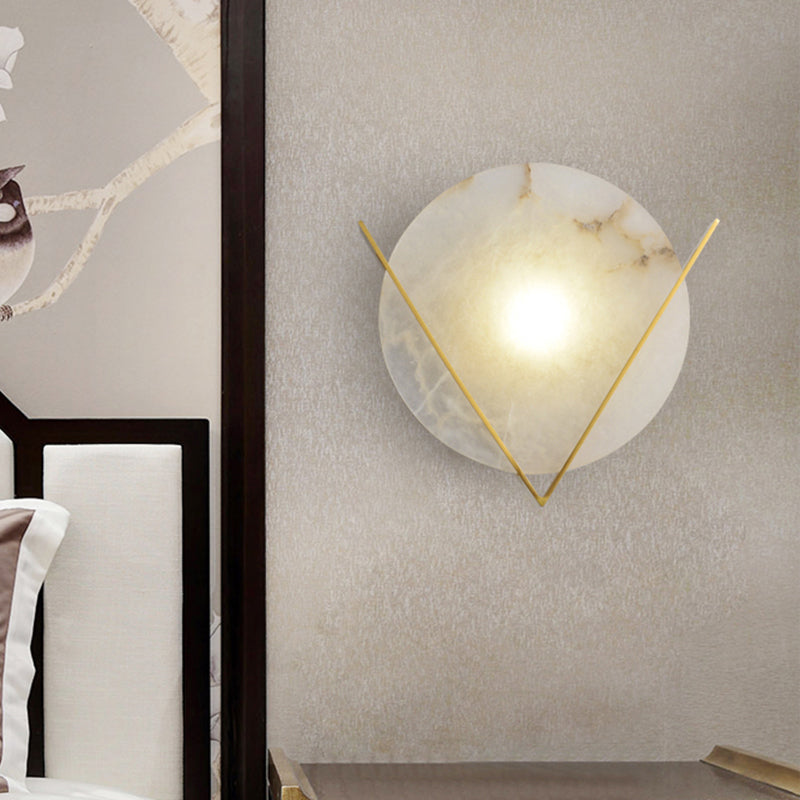 Post-Modern Round Panel Wall Light Sconce - Marble Bedside Lamp Fixture With Brass V Deco
