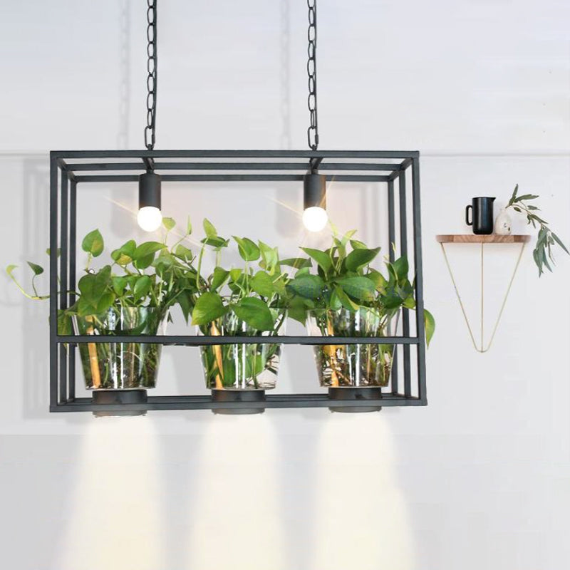 Industrial Iron Island Lamp With 3 Pendant Lights And Glass Plant Pot Black