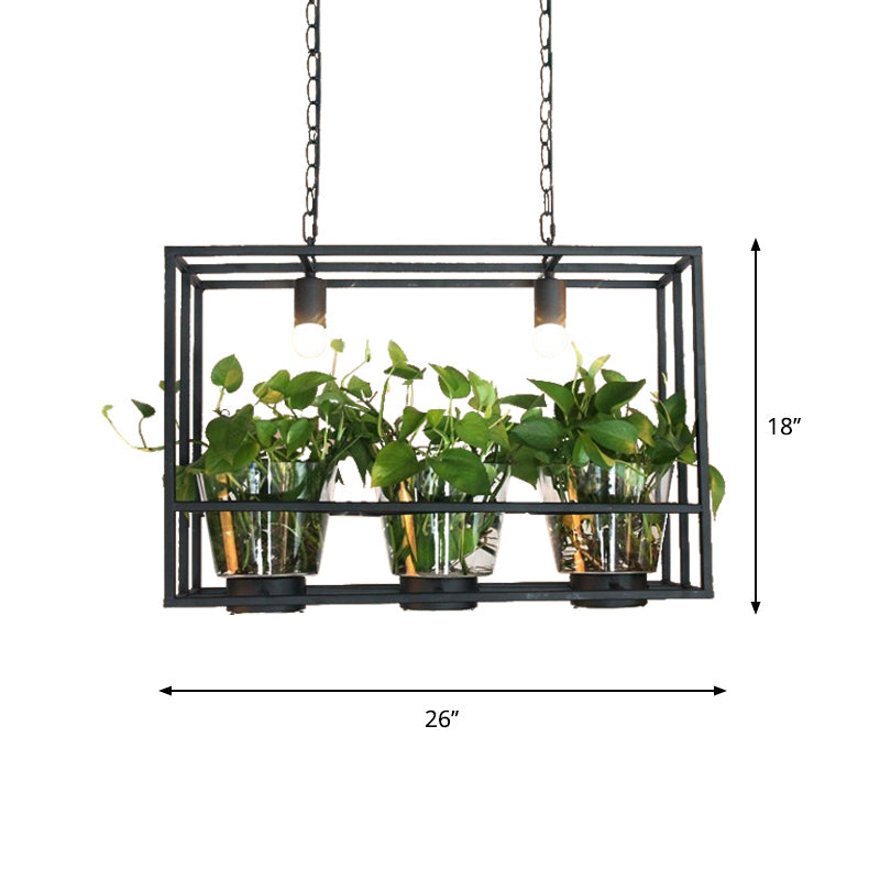 Industrial Iron Island Lamp With 3 Pendant Lights And Glass Plant Pot