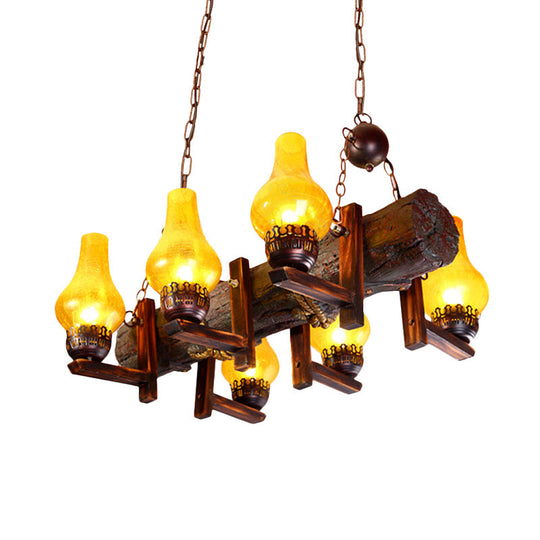 Coastal Brown Island Pendant Lamp With Yellow Crackle Glass Vase Shade And Resin Linear Beam - 6