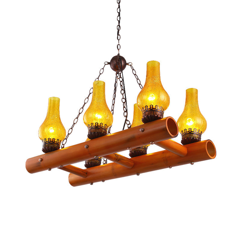 Vintage Yellow Crackle Glass Pendant Light Fixture With Bamboo Ladder Design - Vase Restaurant