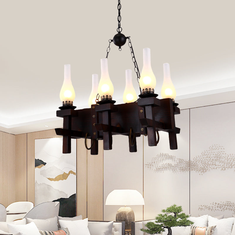 Black Industrial Pendant Light With Frosted Glass - 6 Heads Wood Linear Beam