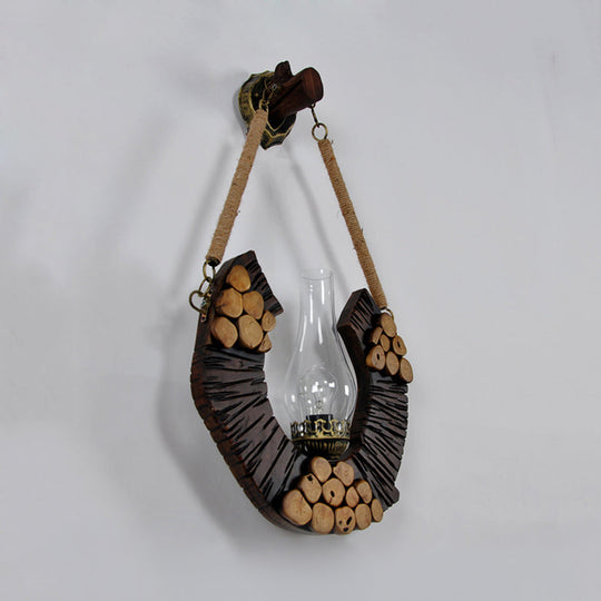Farmhouse Brown Vase Sconce Lamp With Curved Wood Design And Clear Glass Wall Mount