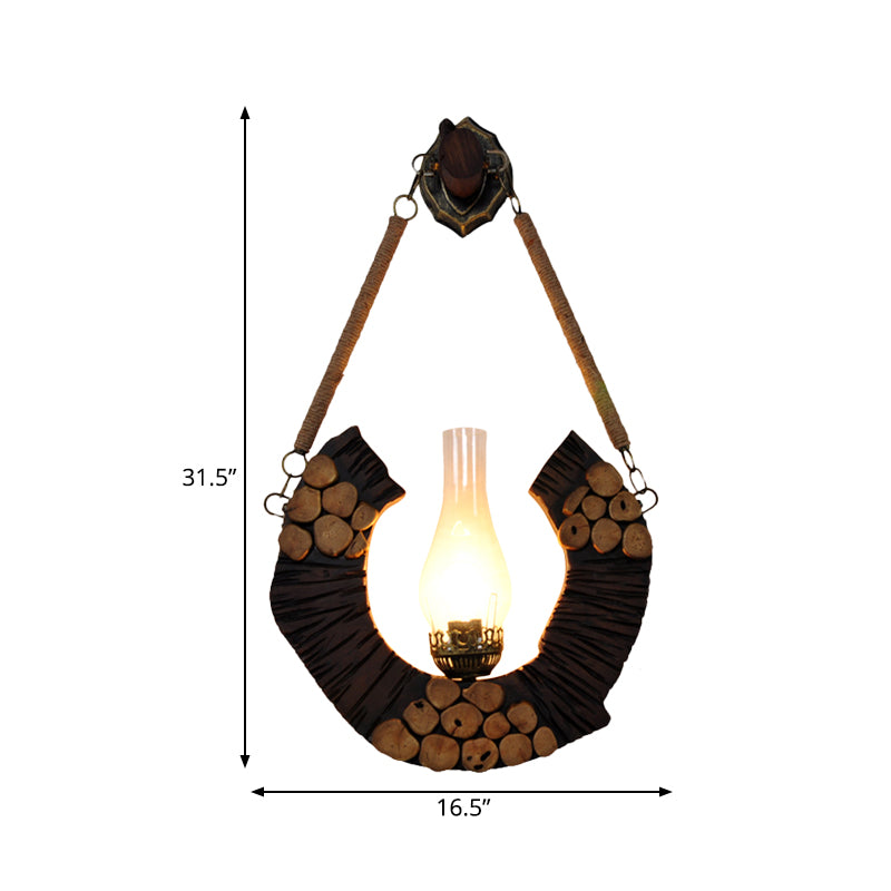 Farmhouse Brown Vase Sconce Lamp With Curved Wood Design And Clear Glass Wall Mount