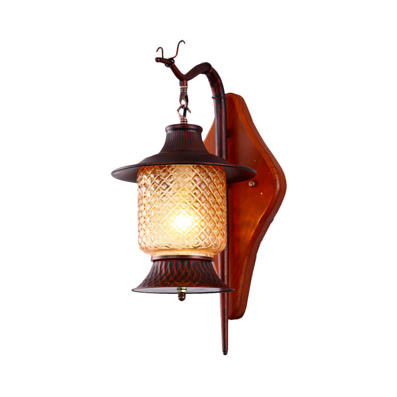 Vintage Tan Glass Lantern Sconce Light Fixture - 1-Light Copper Wall Lighting With Wood Backplate