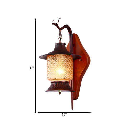 Vintage Tan Glass Lantern Sconce Light Fixture - 1-Light Copper Wall Lighting With Wood Backplate