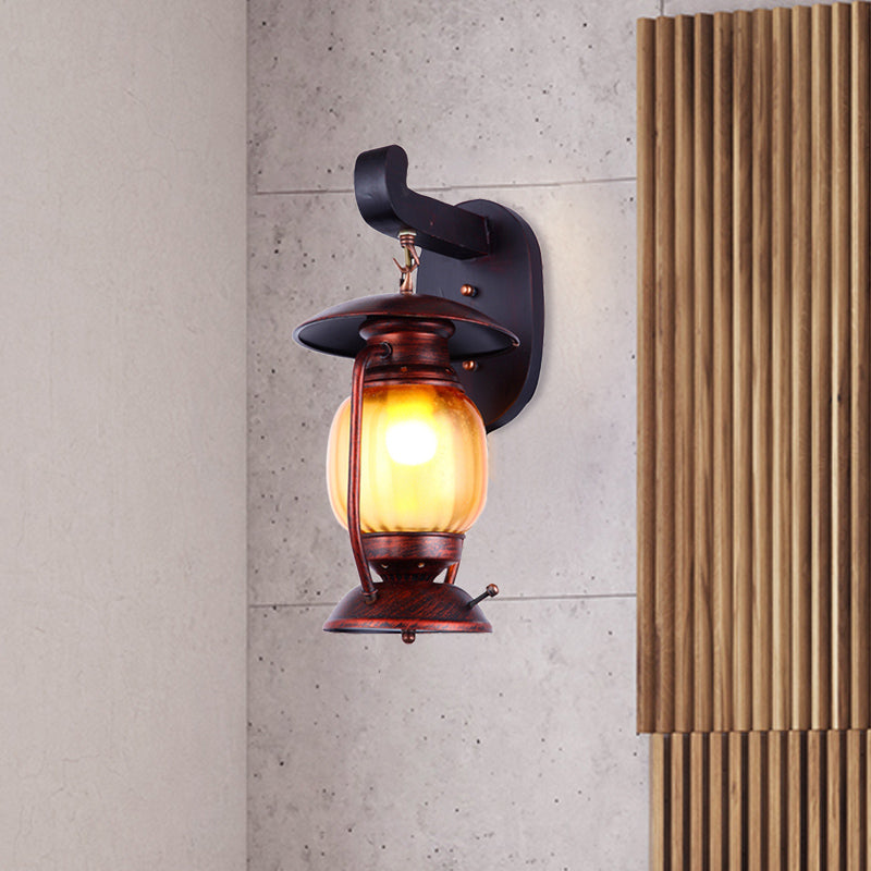 Amber Glass Wall Sconce - 1 Light Copper Kerosene Loft Lamp For Stairway