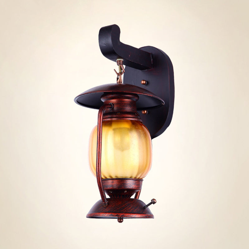 Amber Glass Wall Sconce - 1 Light Copper Kerosene Loft Lamp For Stairway