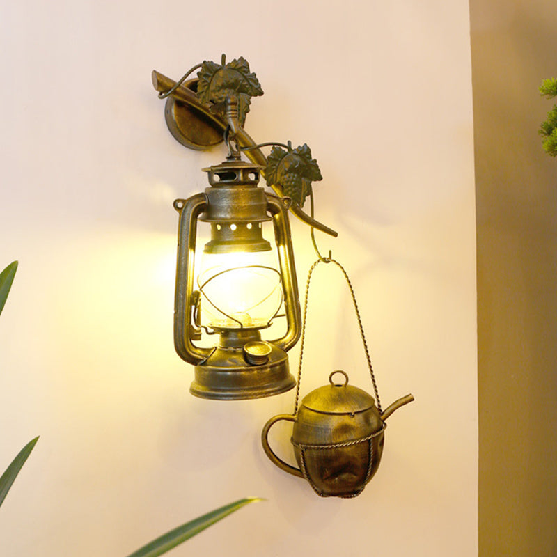 Brass Finish Lantern Wall Sconce With Cream Glass Shade - Vintage Metal Teapot Design 1-Light