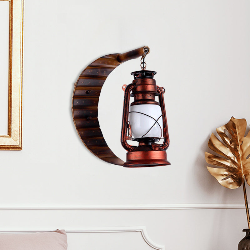 White Glass Copper Sconce Lamp Lantern - Coastal Style Wall Mounted Light With Bamboo Crescent Deco