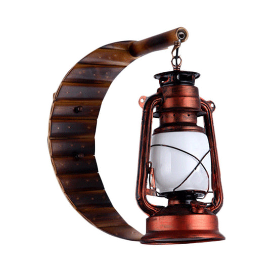 White Glass Copper Sconce Lamp Lantern - Coastal Style Wall Mounted Light With Bamboo Crescent Deco