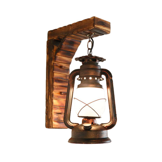 Opal Glass Outdoor Sconce Light - Copper Kerosene Wall Lighting Fixture With Bamboo Right Angle Arm