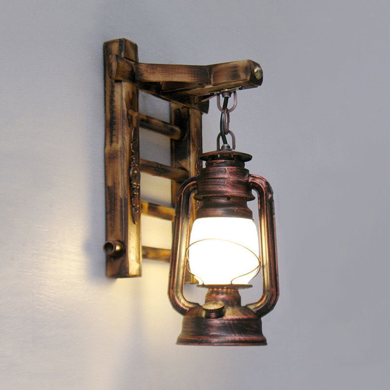 Frosted Glass Lantern Restaurant Wall Light - Copper Finish 1-Light Fixture With Bamboo Backplate