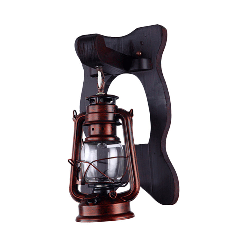 Copper Industrial Wall Sconce With Clear Glass Lantern And Wooden Backplate