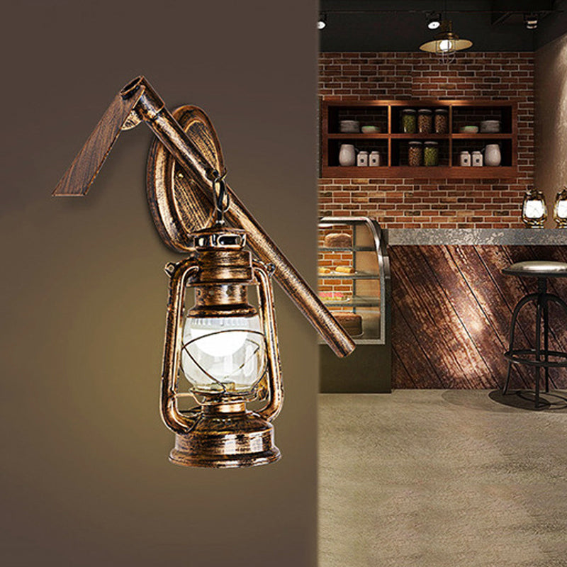 Vintage Lantern Style Wall Hanging Sconce Light In Bronze With Clear Glass And Metal Hoe Deco -