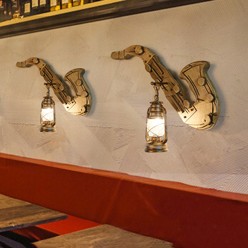 Modern 1-Light Kerosene Wall Sconce Brass Finish Clear Glass Lamp With Wood Backplate