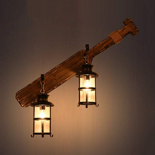 Rustic Farmhouse 2-Light Kerosene Wall Sconce With Clear Glass In Black Wood Tool Design