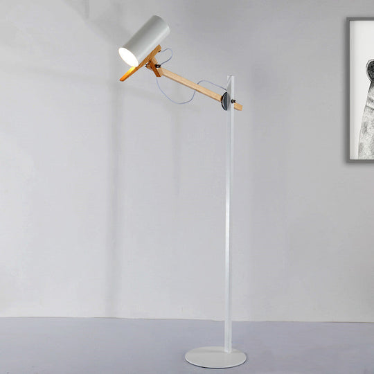 Modern Iron Swing Arm Floor Lamp - White/Black With Wood Tube Accent 1-Light Standing Light White