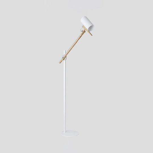 Modern Iron Swing Arm Floor Lamp - White/Black With Wood Tube Accent 1-Light Standing Light