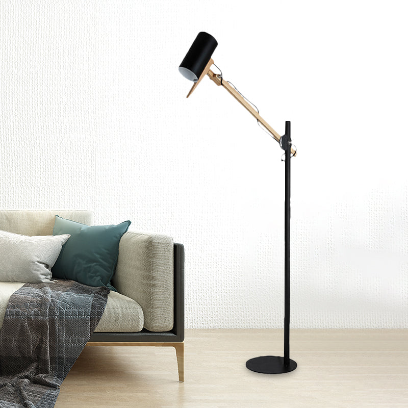 Modern Iron Swing Arm Floor Lamp - White/Black With Wood Tube Accent 1-Light Standing Light Black
