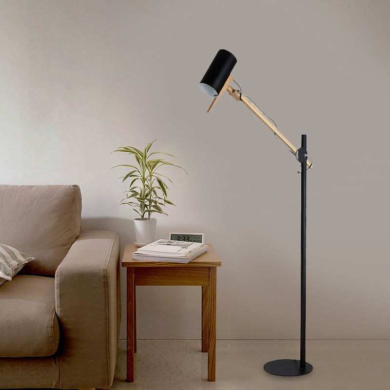 Modern Iron Swing Arm Floor Lamp - White/Black With Wood Tube Accent 1-Light Standing Light