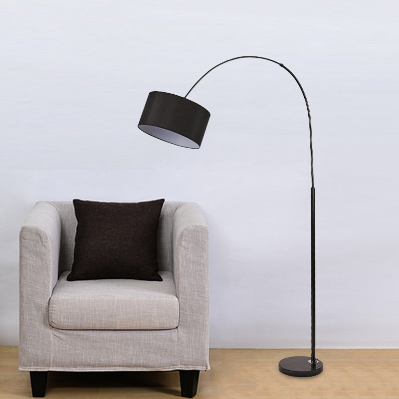 Modern Drum Floor Lamp With Marble Base - Black Fabric Shade Perfect For Living Room