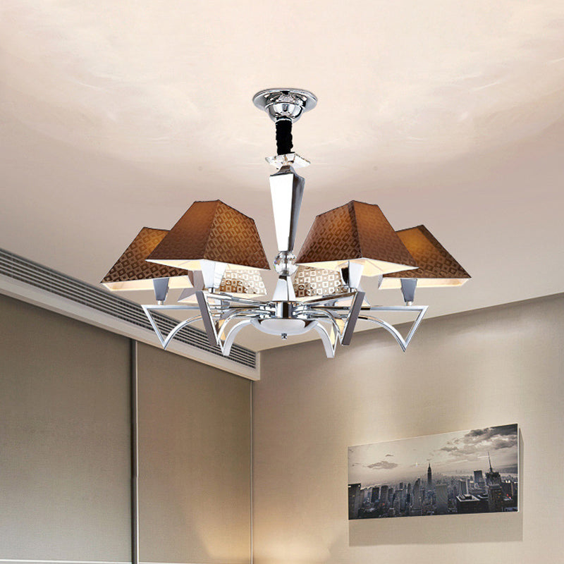 Modern Geometric Ceiling Chandelier - 6-Light Brown Pendant Lamp Fixture with Chrome Arm