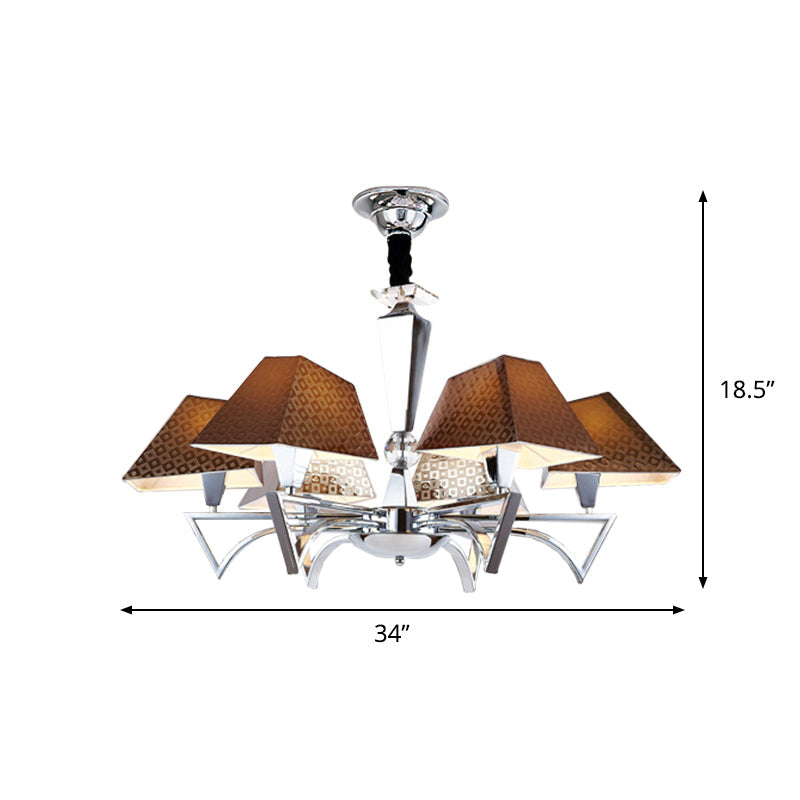 Modern Geometric Fabric Ceiling Chandelier - Brown Pendant Lamp With Chrome Arm (6 Lights)