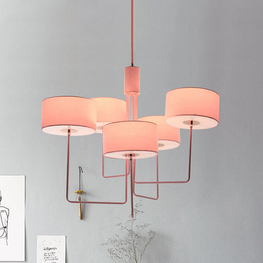 Modern Drum Chandelier in Pink Fabric with 5 Bulbs - Perfect Living Room Hanging Lamp