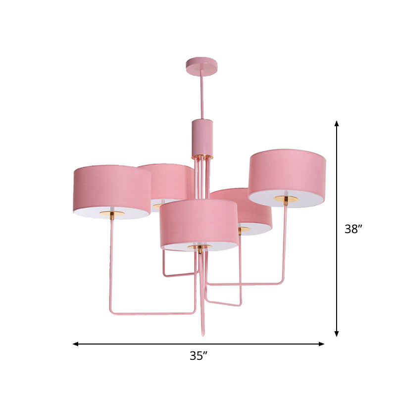 Modern Drum Chandelier in Pink Fabric with 5 Bulbs - Perfect Living Room Hanging Lamp