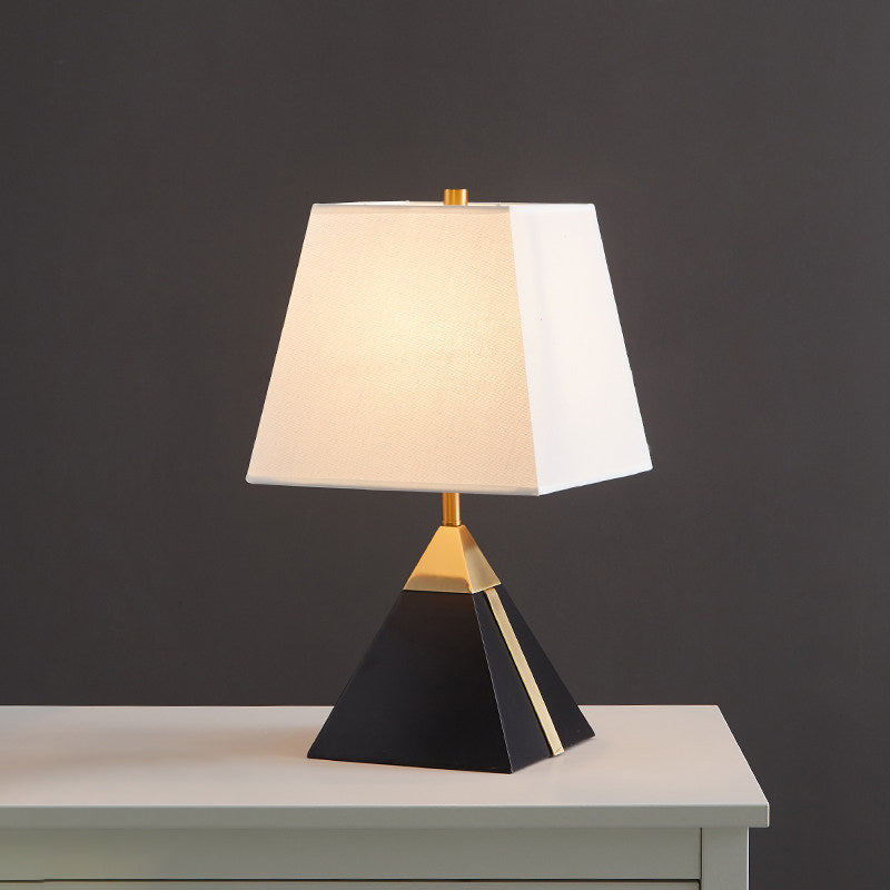 Modern Trapezoid Night Table Lamp In White/Flaxen - Light Fabric Sleek Design With Black Pyramid