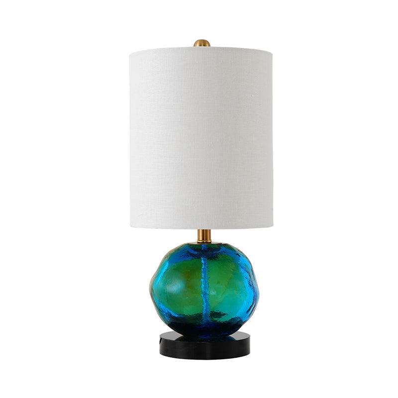 Contemporary Fabric Cylinder Table Light With Green Glaze Deco - White Night Lamp