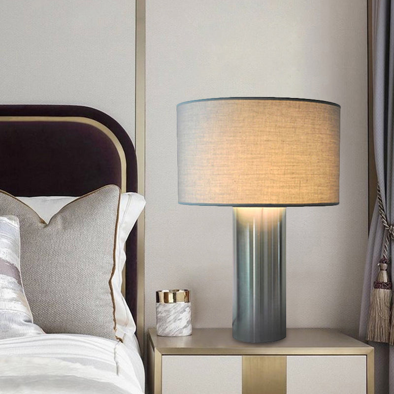 Minimalist Nightstand Lamp: Grey Drum Table Light With Fabric Shade & Plug-In