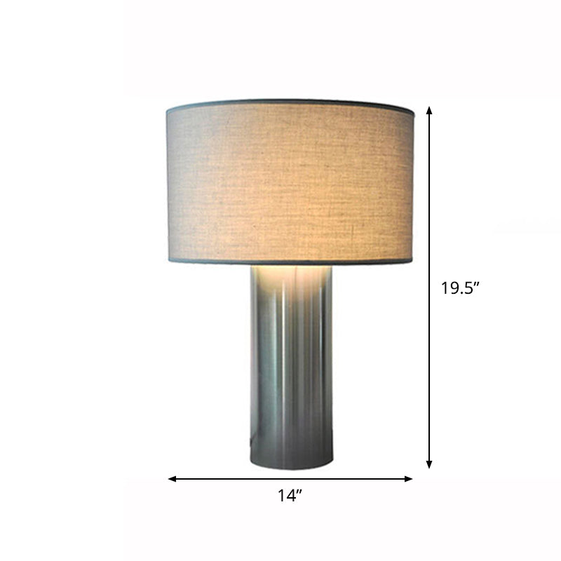 Minimalist Nightstand Lamp: Grey Drum Table Light With Fabric Shade & Plug-In