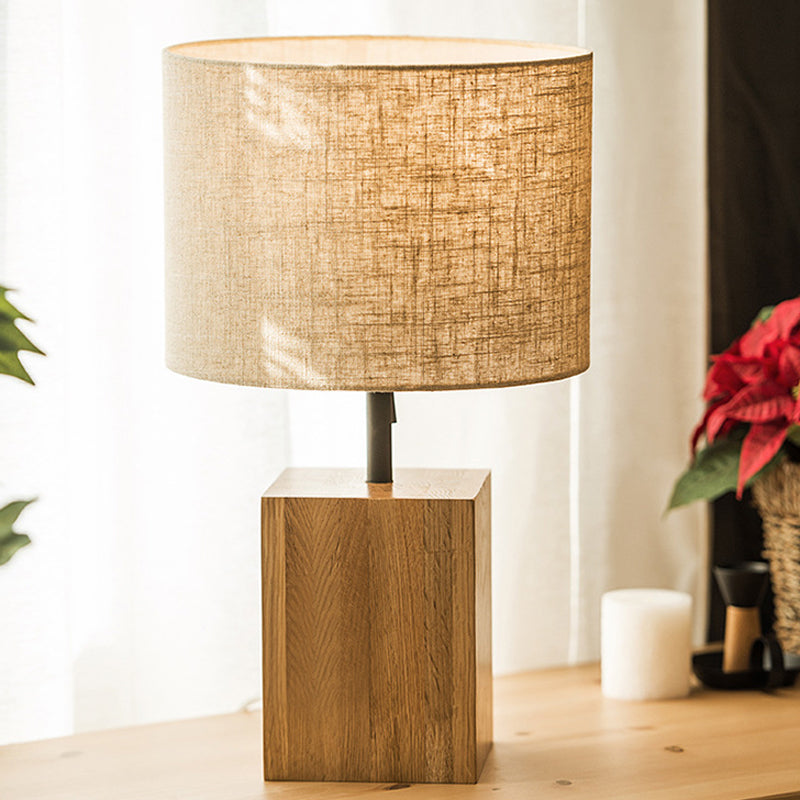 Minimalistic Wood Table Lamp - Cuboid Bedroom Night Light With Pull Chain Flaxen