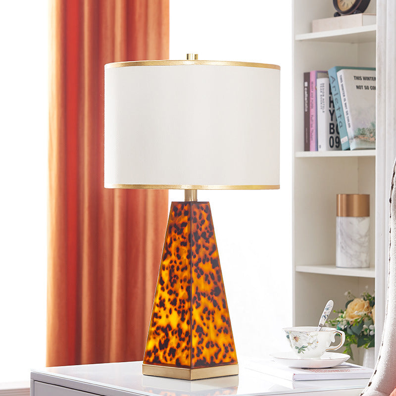 Modern Fabric Drum Nightstand Lamp With Leopard Print Acrylic Base - White Table Light 1 Bulb