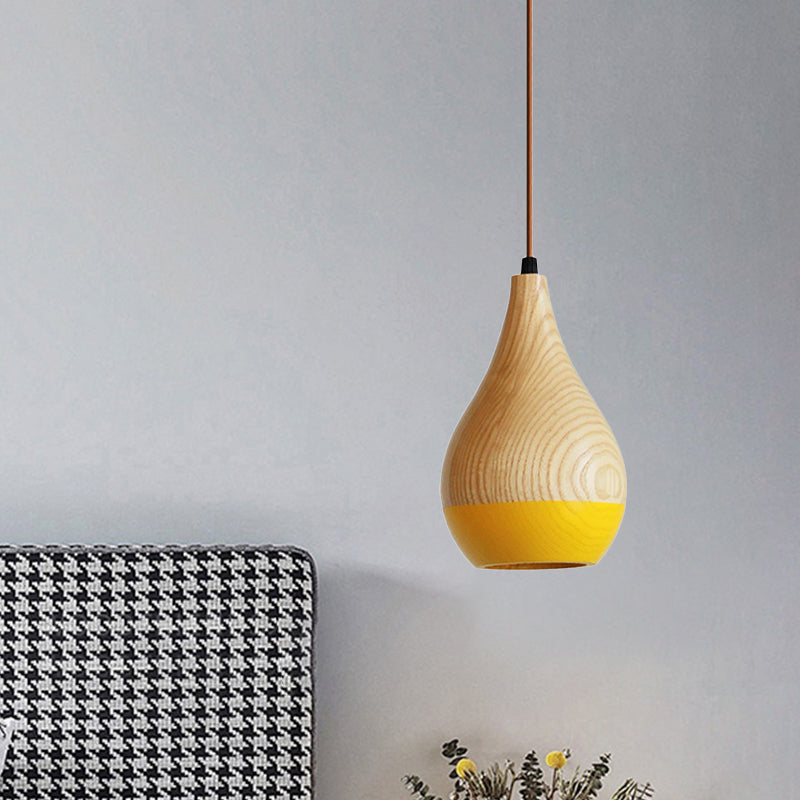 Modern Red/Yellow Led Pendant Lamp: 1-Light Dining Room Hanging Light With Teardrop Wood Shade