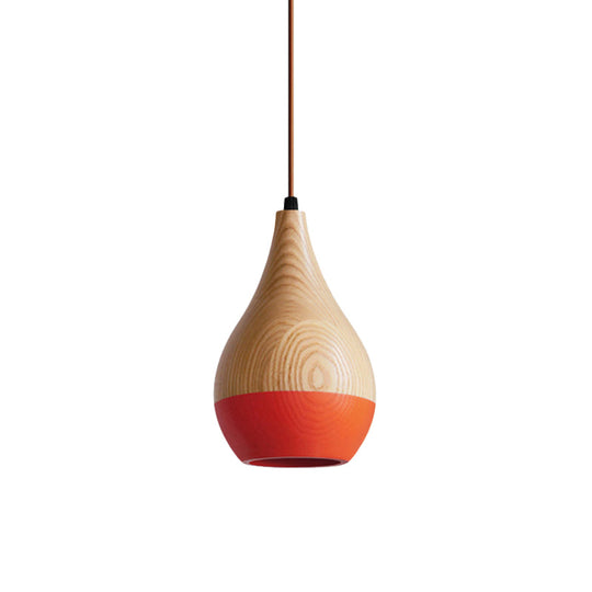 Modern Red/Yellow Led Pendant Lamp: 1-Light Dining Room Hanging Light With Teardrop Wood Shade